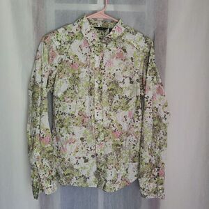 Eddie Bauer Shirt White Floral Button Front Long Sleeve Cotton Women's Size S